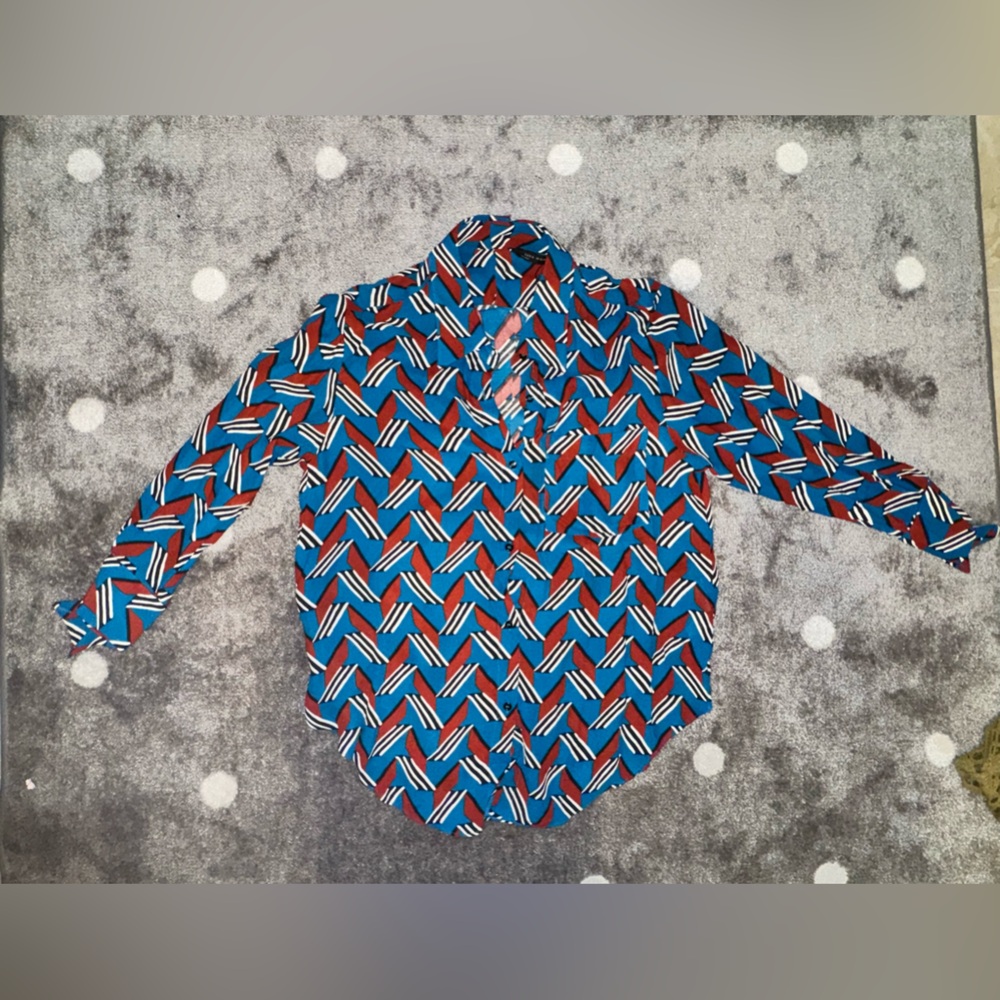 NWOT Zara Multicolor Geometric Button-Up Blouse — Blue & Red